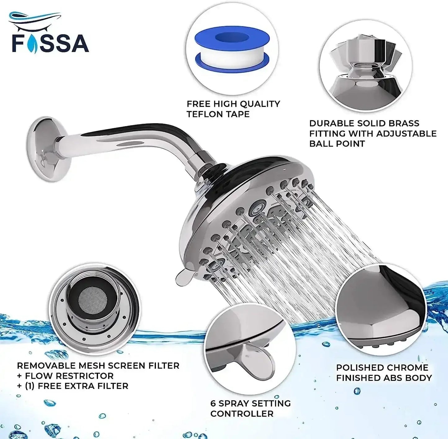 Fixed ( 5 Inches ) 304- Grade 6 Spray Settings Stainless Steel Silver Finish Overhead Shower( Arm 9 Inch )