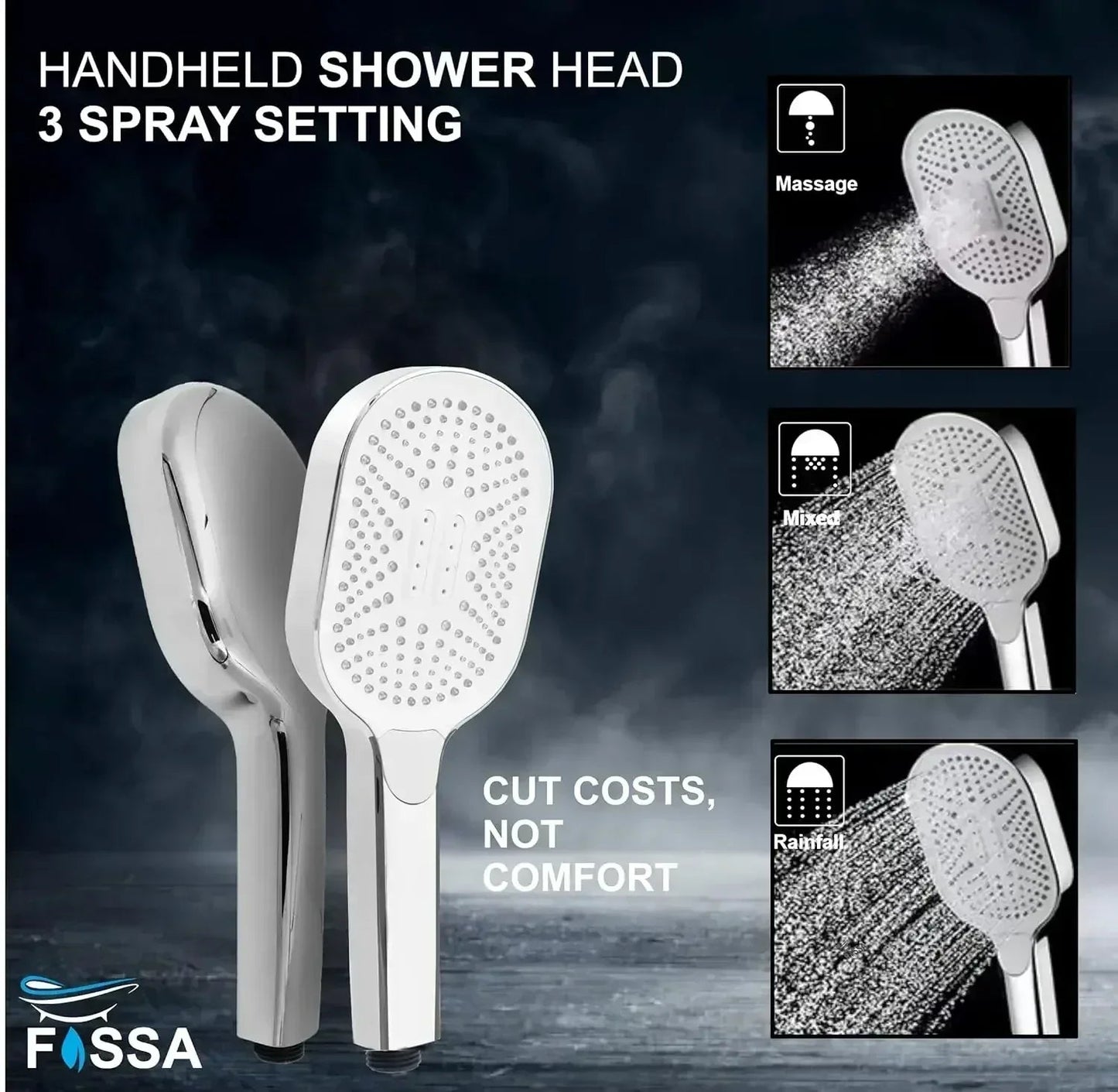 Thunder 3 Sprey Modes White Chrome Finish Hand Shower With 1.5 Meter 304- Grade Stainless Steel Hose Pipe & Hook