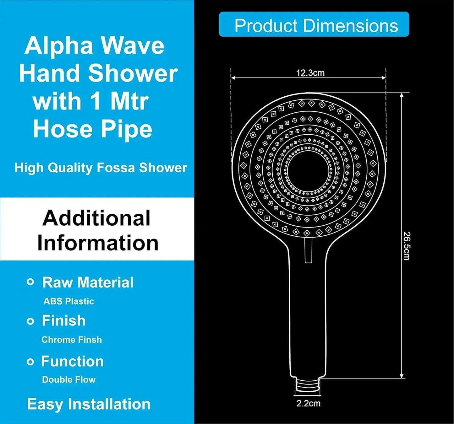 Alpha 2 Sprey Modes Chrome Finish Hand Shower With 1.5 Meter 304- Grade Stainless Steel Hose Pipe & Hook
