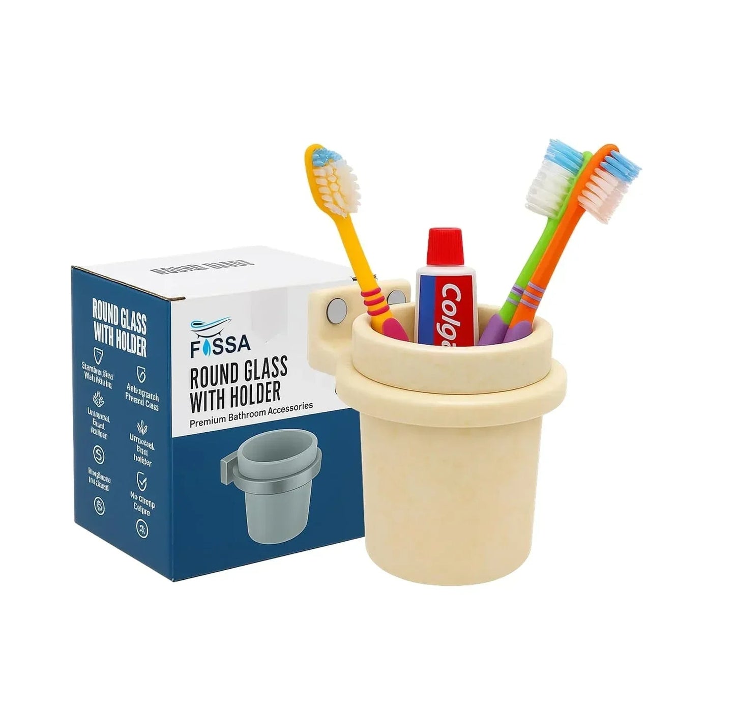 Ceramic Ivory Unbreakable Brush Holder Round Glossy Finish (RM-123)