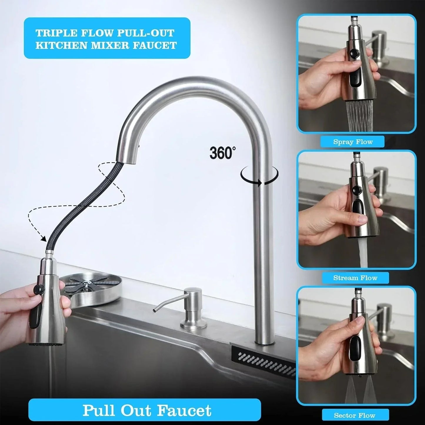 Smart Waterfall (37"x18"x10) Inch 304 Stainless Steel Kitchen Sink Silver
