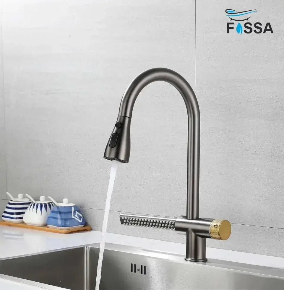 Waterfall Pull Out Four-Flow 360° Hot & Cold Stainless Steel Kitchen Mixer Faucet Black Grey