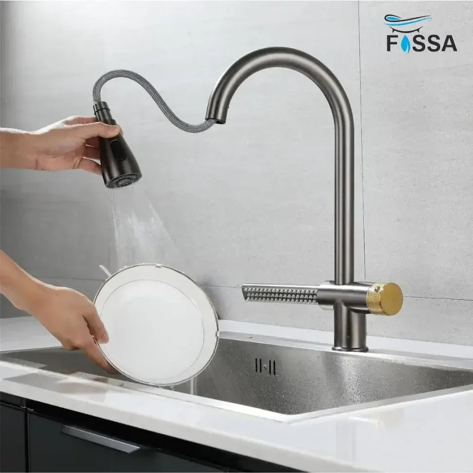 Waterfall Pull Out Four-Flow 360° Hot & Cold Stainless Steel Kitchen Mixer Faucet Black Grey