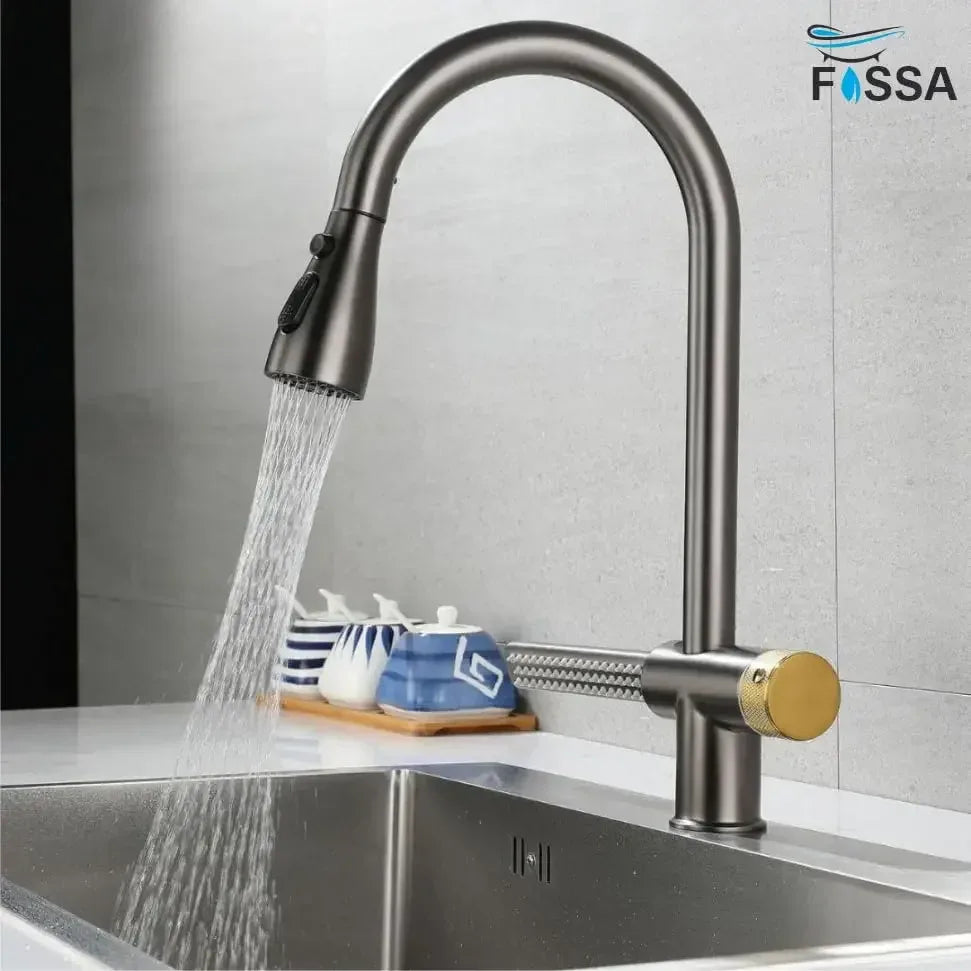 Waterfall Pull Out Four-Flow 360° Hot & Cold Stainless Steel Kitchen Mixer Faucet Black Grey