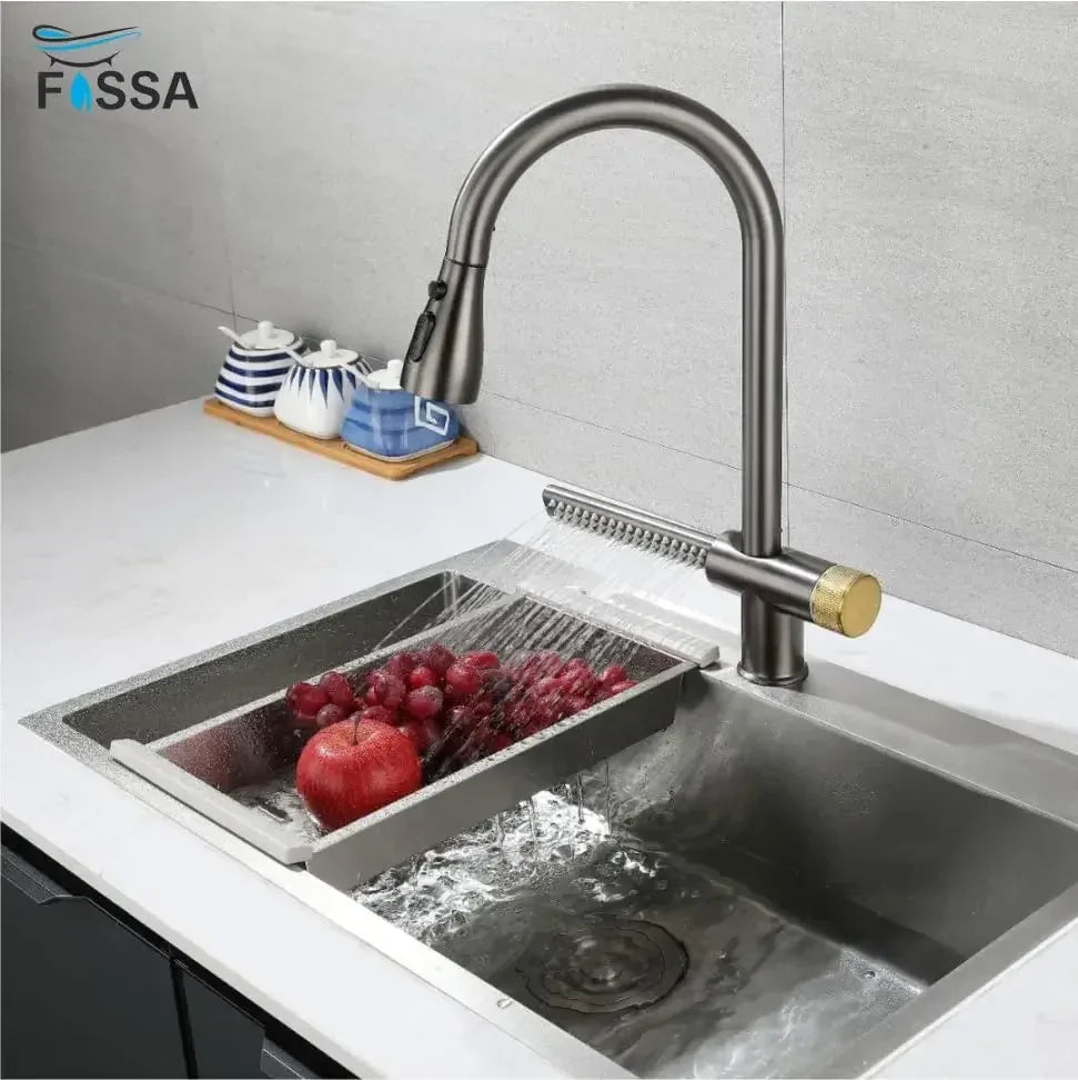 Waterfall Pull Out Four-Flow 360° Hot & Cold Stainless Steel Kitchen Mixer Faucet Black Grey
